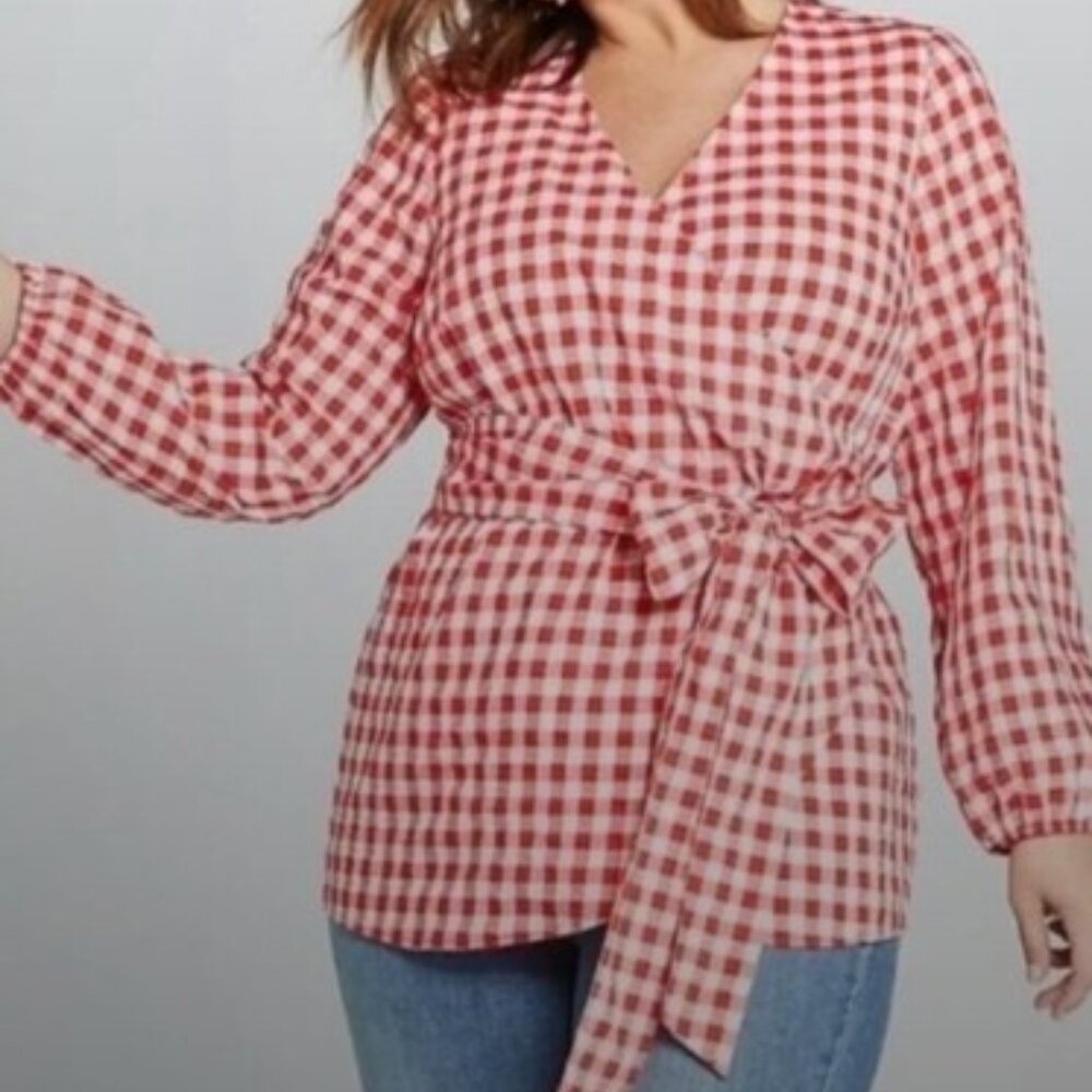 Lane Bryant Red & White True Wrap Gingham Top Blouse Size 14/16